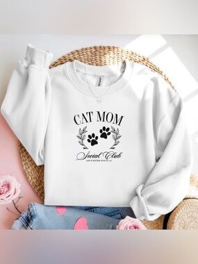 Cat Mom Social Club White Crewneck Sweatshirt Minimal Cat Lover Shirt
